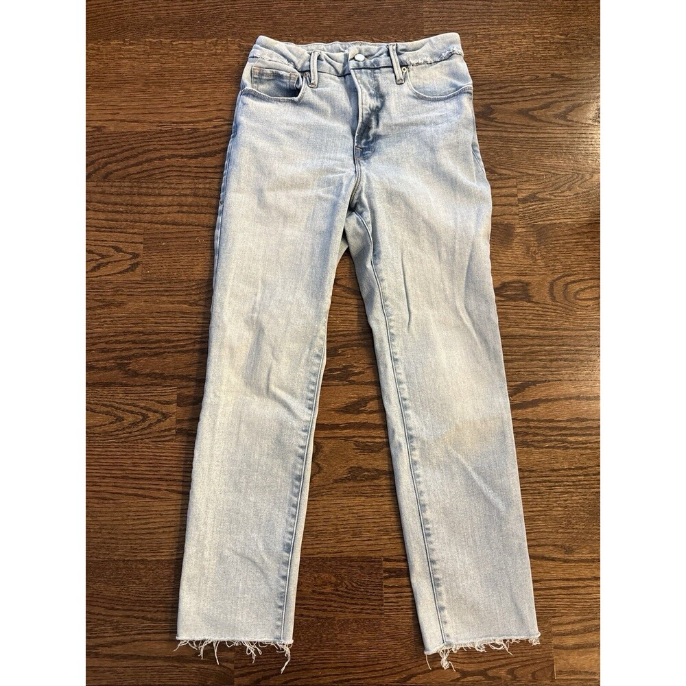 Good American Good Classic Natural Fray Hem Jeans Indigo Light Wash Size 30